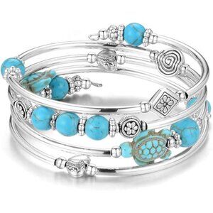 17-Turquoise Turtle Bracelet Layered Wrap Bangle Bead Bracelet w/ Agate Stone